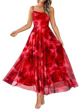 〽️Women's Red Floral Maxi Dress Cowl Neck Boho Summer Beach Party Look
